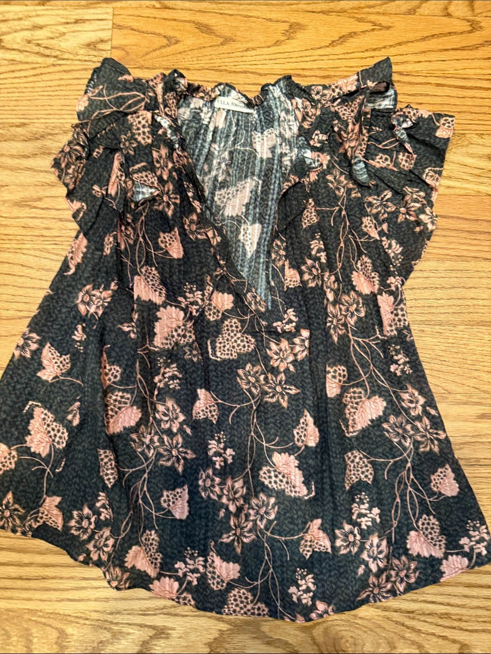 Ulla Johnson Black and Pink Floral Ruffle V-Neck Blouse